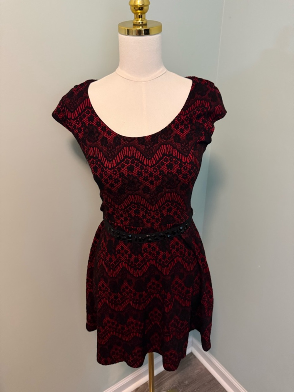 Candie’s Red and Black Lace Overlay Fit & Flare Mini Dress - Size Medium